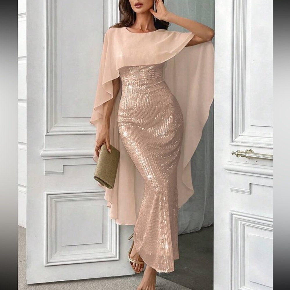 Sequin Cape-Overlay Prom Gown in Blush